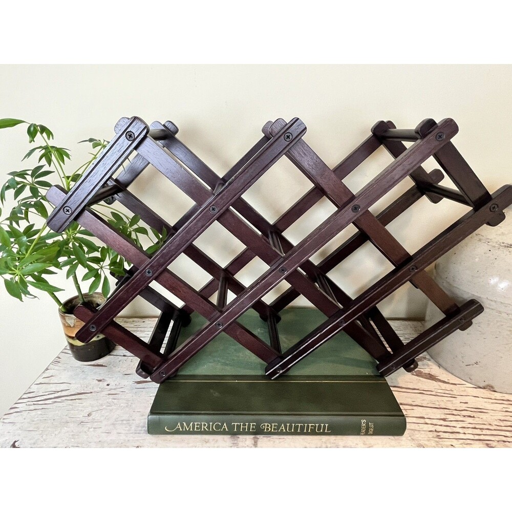 Vintage Dark Wooden Wine Rack 21”x 13” Free Standing Countertop Bar Wine Folding